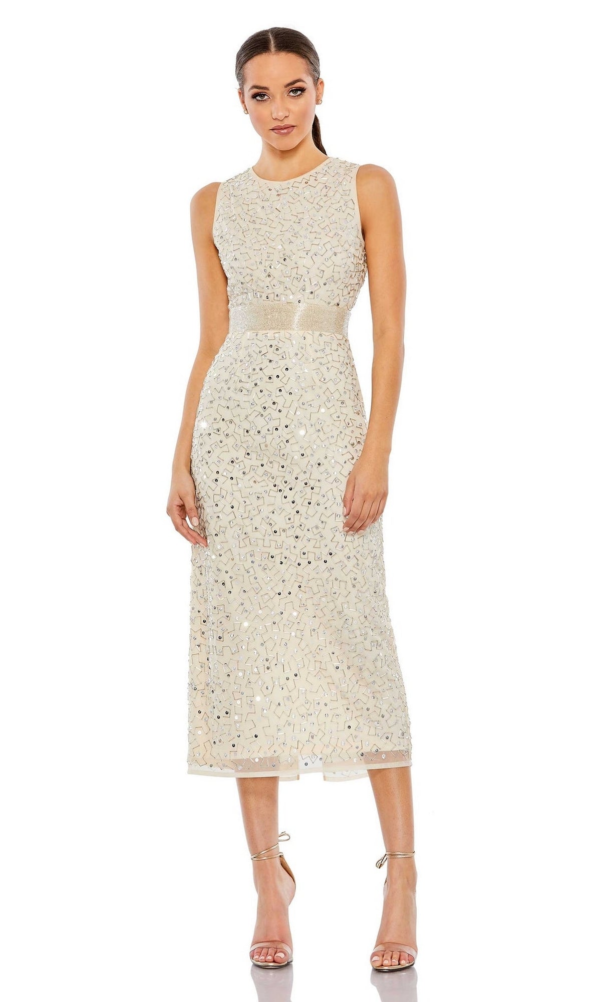 Woman wears the Mac Duggal 93758 Beaded Midi Wedding-Guest Dress, featuring a sleeveless design, fitted waist, and decorative embellishments—paired with strappy heels for a chic wedding-guest look.
